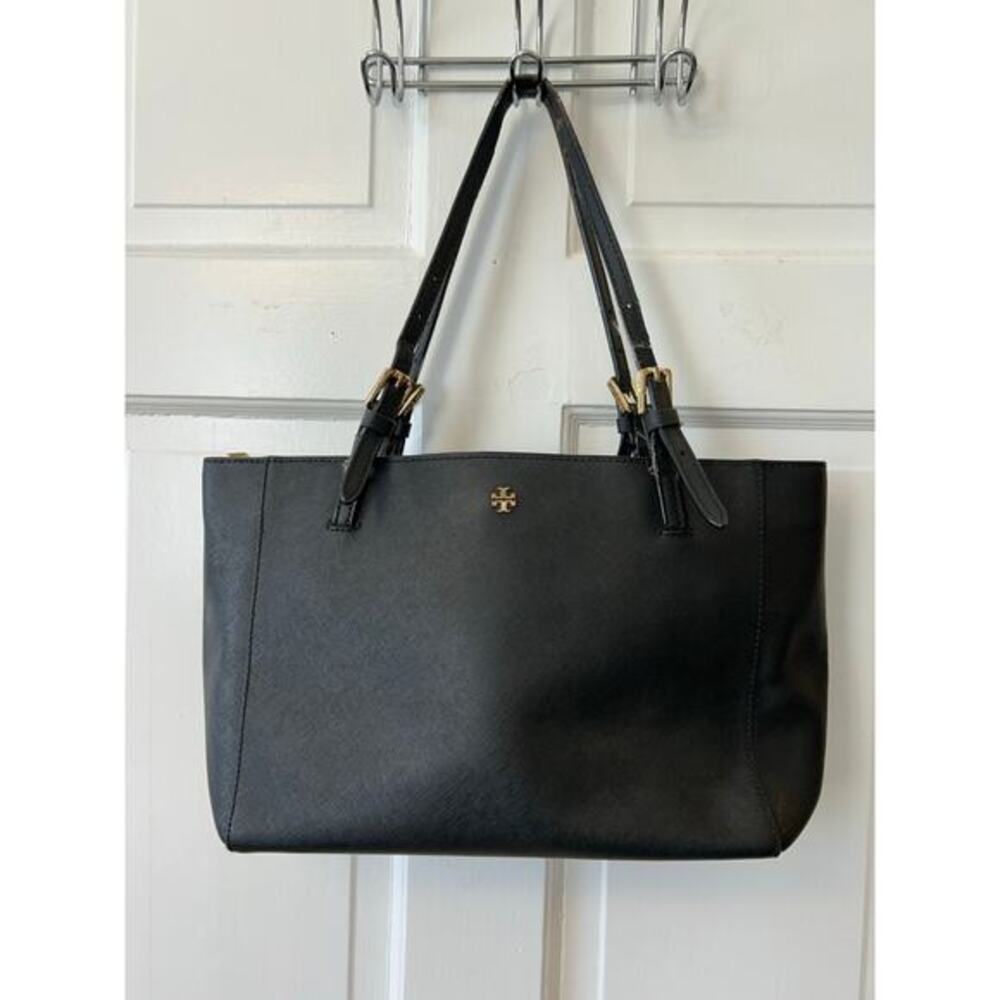 Tory Burch Emerson Black Tote Gold Hardware EUC w FLAWED STRAPS - Picture 1 of 16